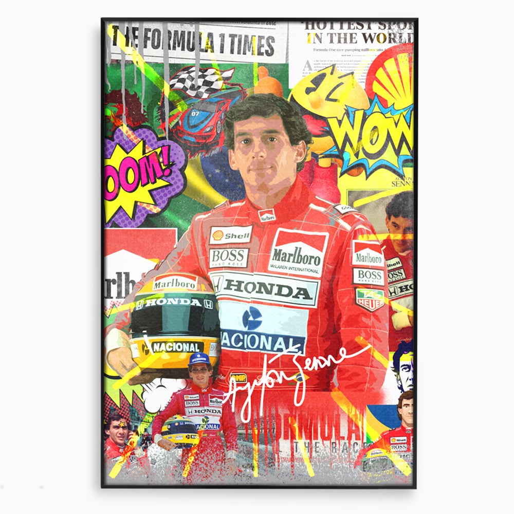 Tablou canvas cu tablou canvas cu pilotul ayrton senna, in rama de aluminiu negru